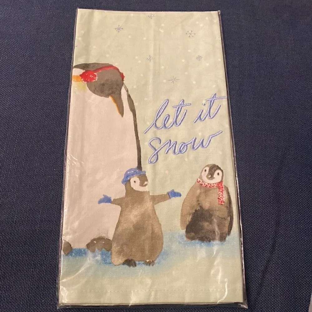 NWT ANTHROPOLOGIE Let It Snow Penguin Dish Towel Sky